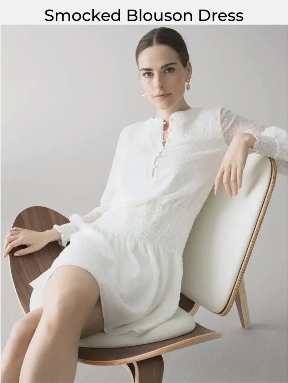 White House Black Market White Smocked Blouson Sheer Long Sleeve  Dress. Sz Md
